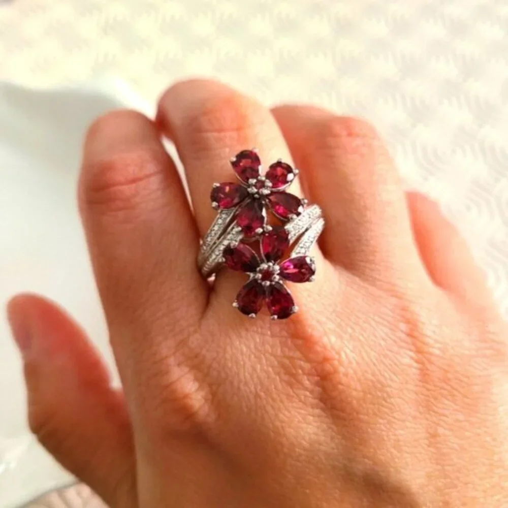 Vintage Boho Evening Sterling Silver Red Crystal Flower Cocktail Ring 7 - Picture 7 of 11
